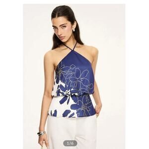 Commense White Blue And Yellow Dressy Halter Top Size Large